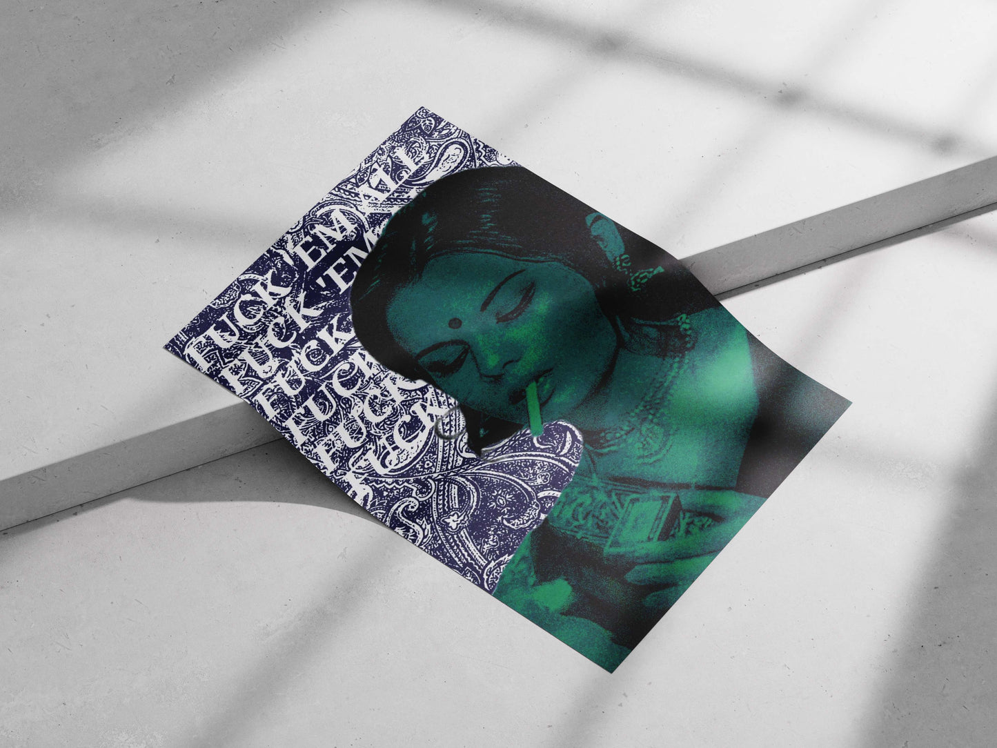 Cigarette Devi Rebellious Digital Collage Poster – Teal & Blue Art Wall Print