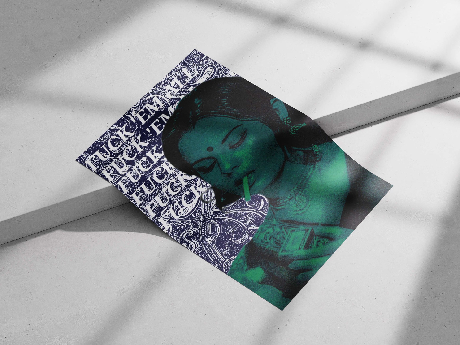 Cigarette Devi Rebellious Digital Collage Poster – Teal & Blue Art Wall Print