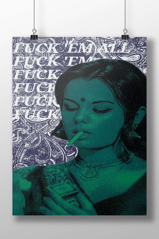 Cigarette Devi Rebellious Digital Collage Poster – Teal & Blue Art Wall Print