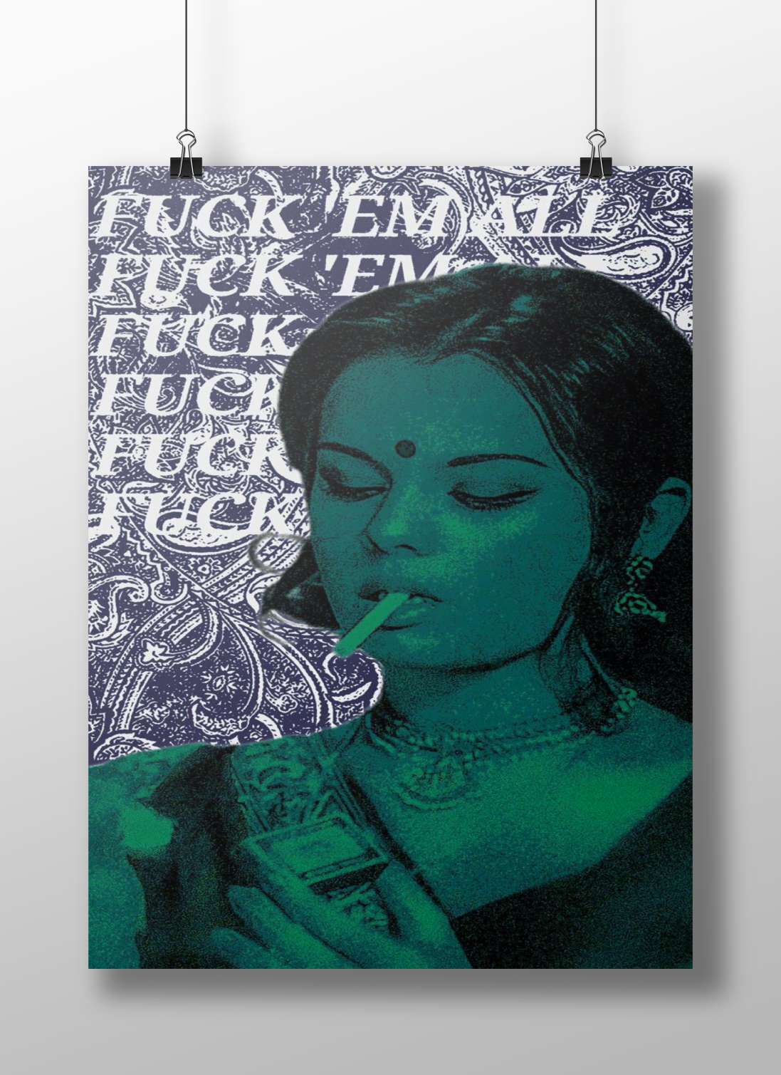 Cigarette Devi Rebellious Digital Collage Poster – Teal & Blue Art Wall Print