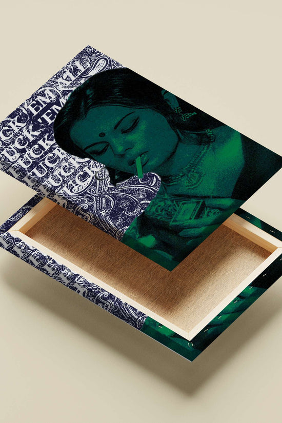 Cigarette Devi Rebellious Digital Collage Poster – Teal & Blue Art Wall Print