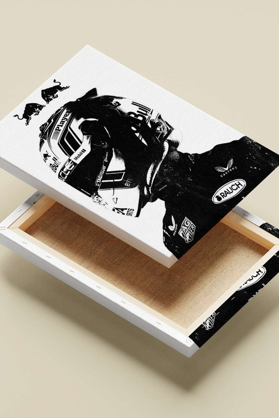 Red Bull-branded motorcycle helmet (MotoGP context) Main Subject: Red Bull-branded motorcycle helmet (MotoGP context) Canvas