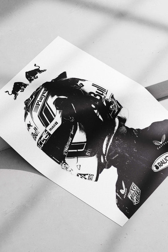 Red Bull-branded motorcycle helmet (MotoGP context) Main Subject: Red Bull-branded motorcycle helmet (MotoGP context) Matte