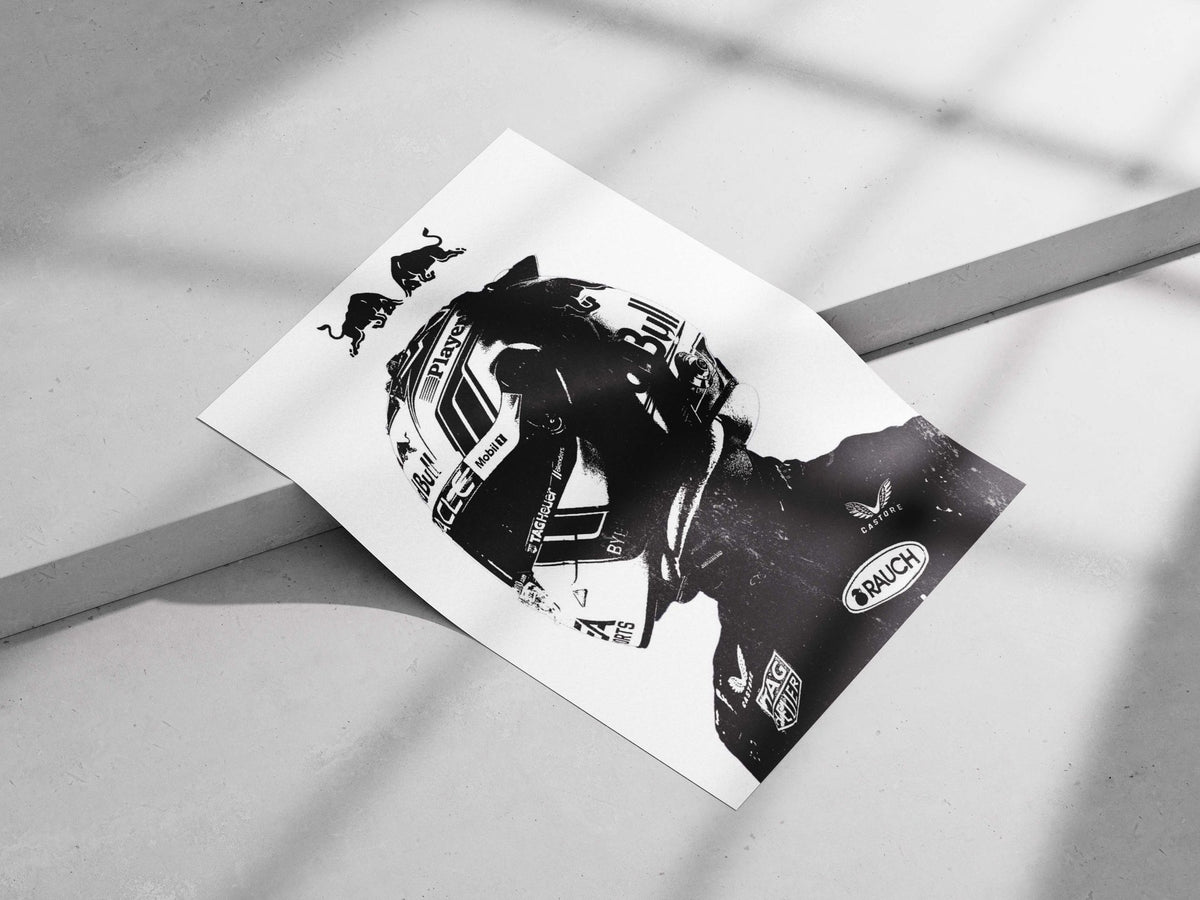 Red Bull-branded motorcycle helmet (MotoGP context) Main Subject: Red Bull-branded motorcycle helmet (MotoGP context) Matte