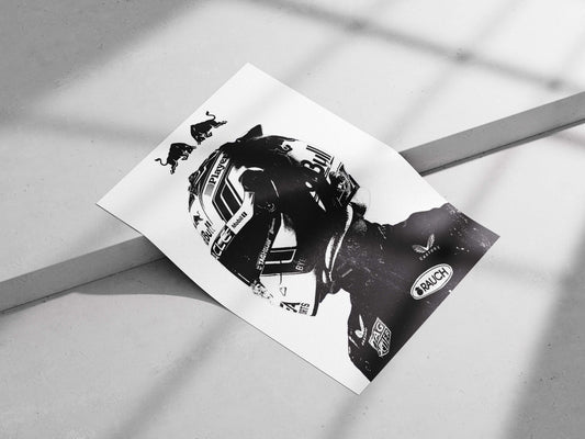 Red Bull-branded motorcycle helmet (MotoGP context) Main Subject: Red Bull-branded motorcycle helmet (MotoGP context) Matte
