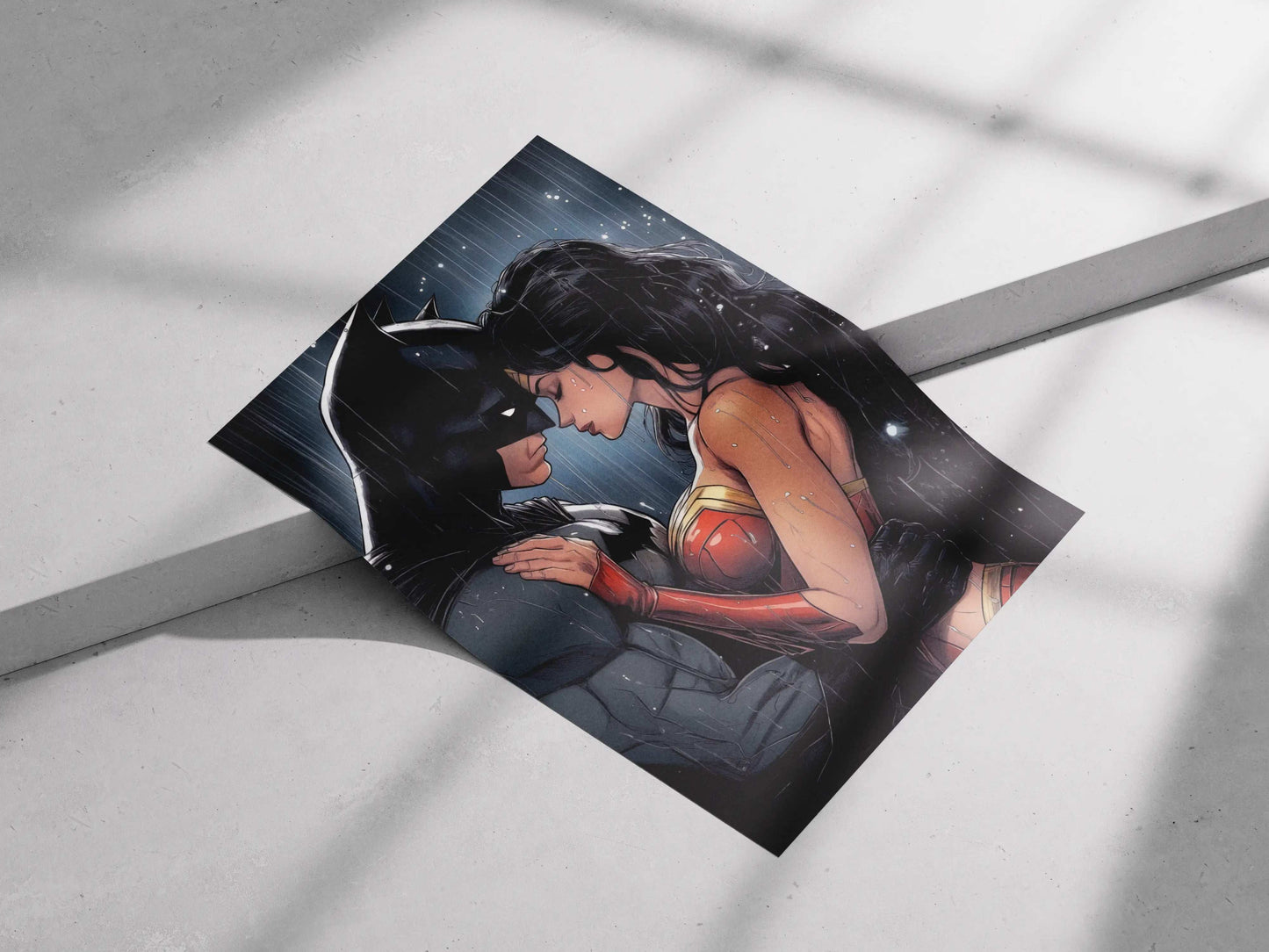 Batman & Wonder Woman Rainy Embrace Comic Art Poster - DC Comics Justice League Romantic Print