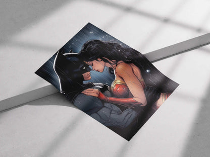 Batman & Wonder Woman Rainy Embrace Comic Art Poster - DC Comics Justice League Romantic Print