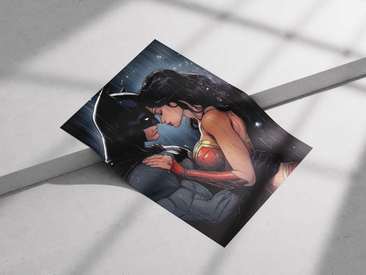 Batman & Wonder Woman Rainy Embrace Comic Art Poster - DC Comics Justice League Romantic Print