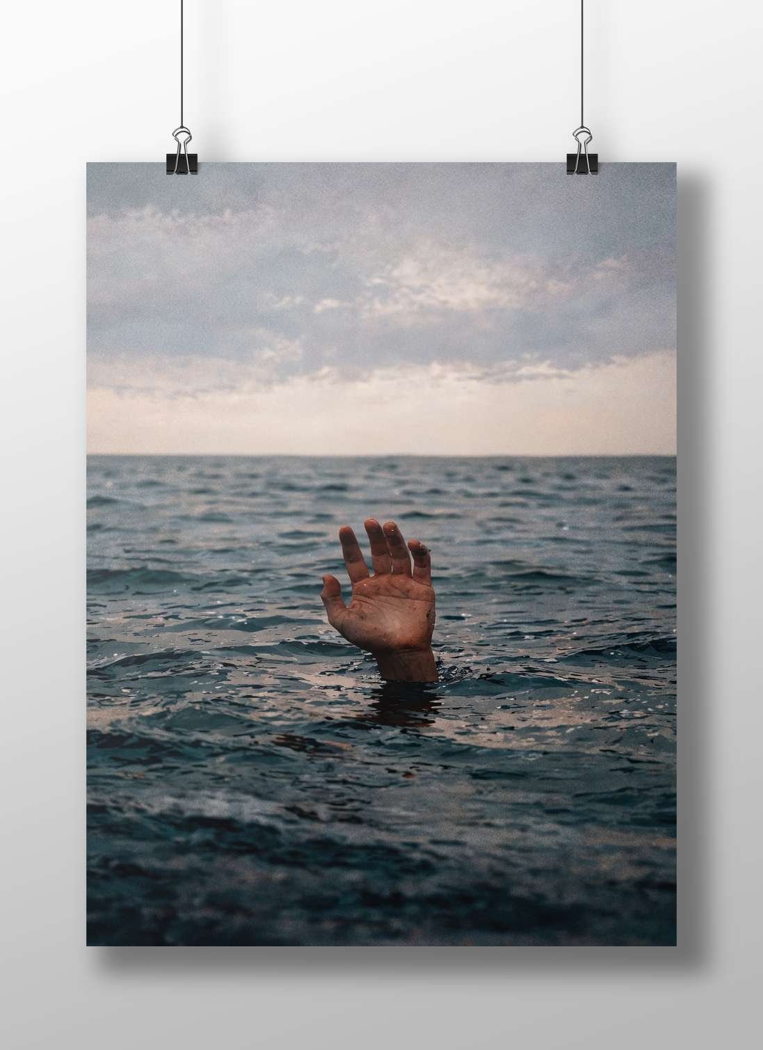 Human hand emerging from ocean water Main Subject: Human hand emerging from ocean water Matte BoizzBoard rigid print — Art