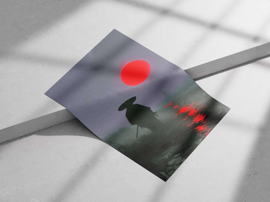 Samurai (silhouetted warriors with traditional wide-brimmed hats and swords) Main Subject: Samurai (silhouetted warriors