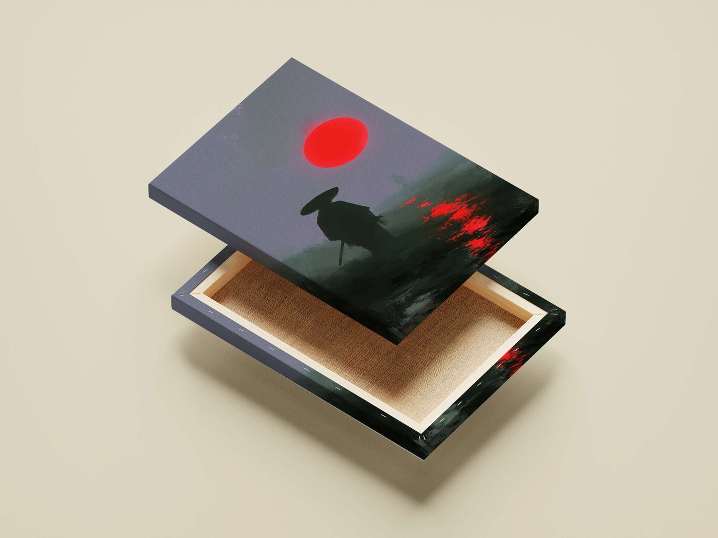 Samurai (silhouetted warriors with traditional wide-brimmed hats and swords) Main Subject: Samurai (silhouetted warriors