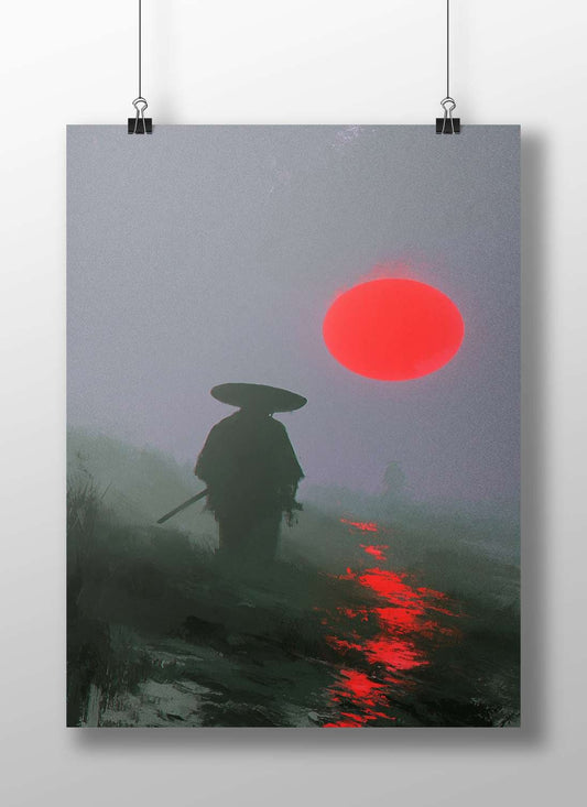 Samurai (silhouetted warriors with traditional wide-brimmed hats and swords) Main Subject: Samurai (silhouetted warriors