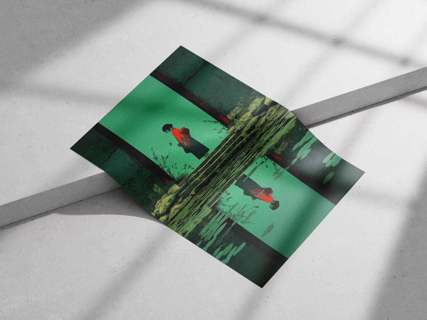 A woman in traditional Japanese attire standing on stone steps by a pond Main Subject: A woman in traditional Japanese