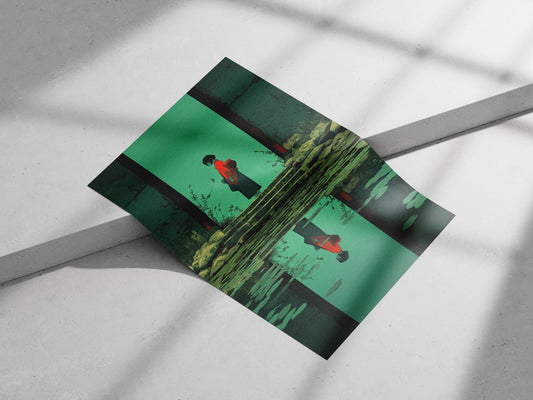A woman in traditional Japanese attire standing on stone steps by a pond Main Subject: A woman in traditional Japanese