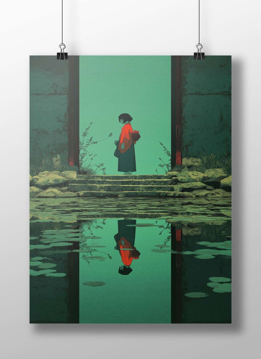 A woman in traditional Japanese attire standing on stone steps by a pond Main Subject: A woman in traditional Japanese