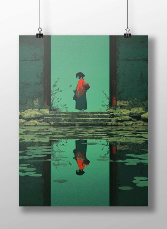 A woman in traditional Japanese attire standing on stone steps by a pond Main Subject: A woman in traditional Japanese