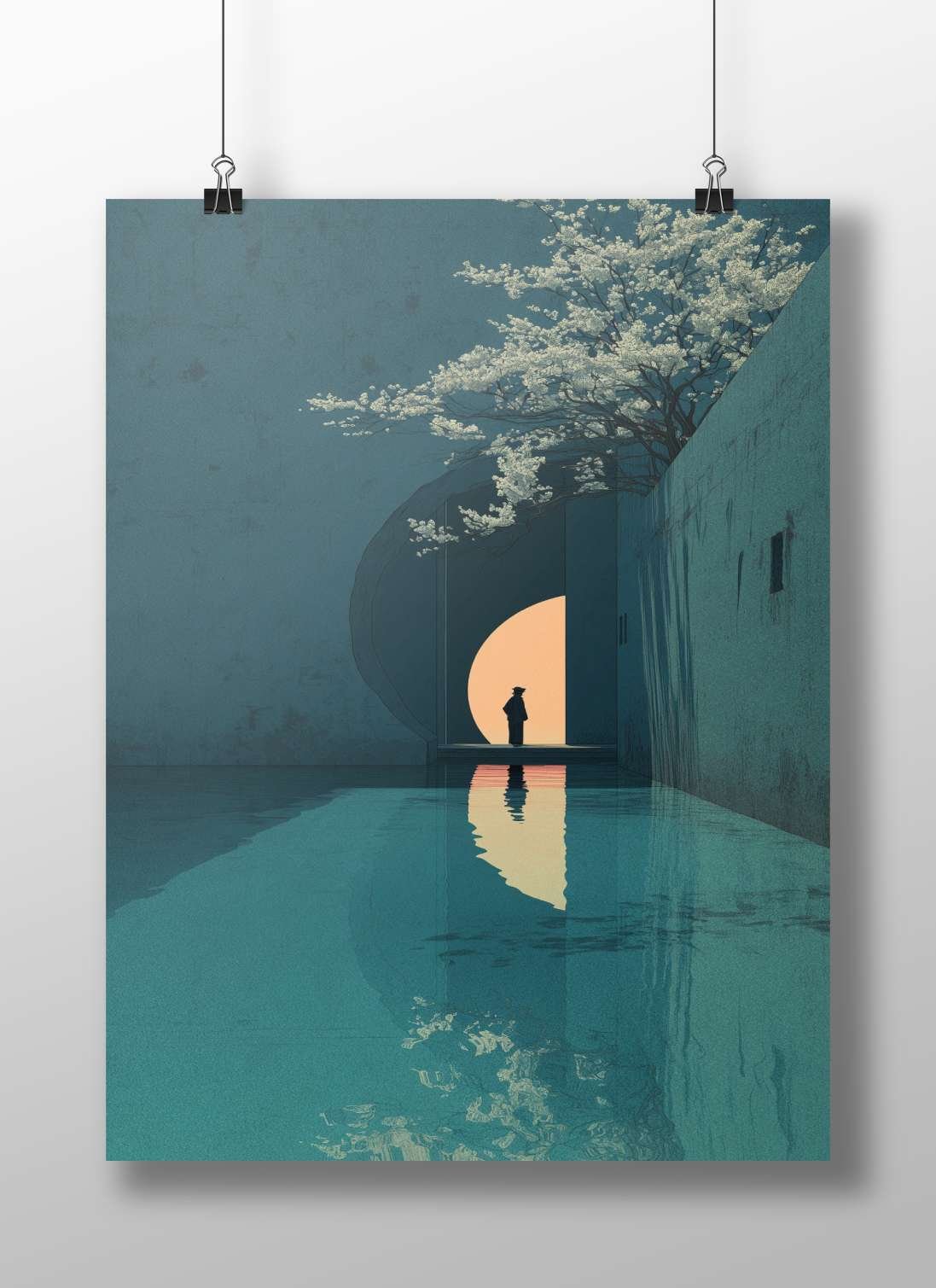 A solitary human silhouette standing before a large circular light source in an architectural space Main Subject: A solitary