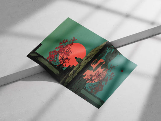A woman in traditional Japanese kimono seated on a stone platform facing a large red sun with cherry blossoms Main Subject: