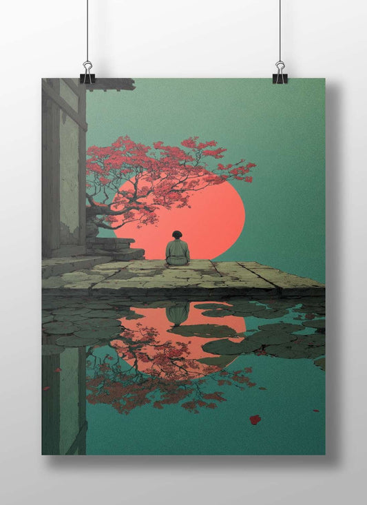 A woman in traditional Japanese kimono seated on a stone platform facing a large red sun with cherry blossoms Main Subject: