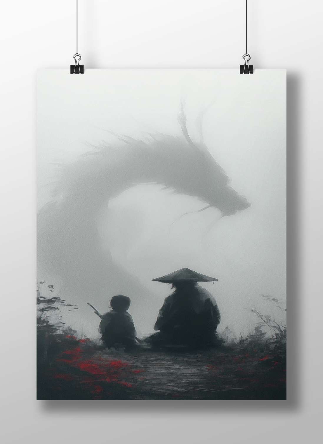 Silhouette Figure (Conical Hat) and Child Silhouette Traditional Chinese Culture Modern Digital (Ink Wash Style) Matte