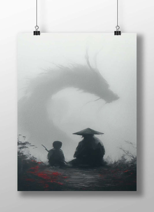 Silhouette Figure (Conical Hat) and Child Silhouette Traditional Chinese Culture Modern Digital (Ink Wash Style) Matte