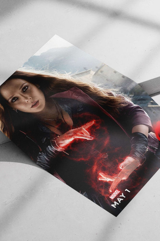 Wanda Maximoff (Scarlet Witch) from Marvel's Avengers franchise (confirmed by "MARVEL" logo and Avengers "A"