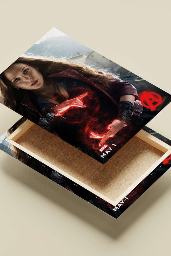 Wanda Maximoff (Scarlet Witch) from Marvel's Avengers franchise (confirmed by "MARVEL" logo and Avengers "A"