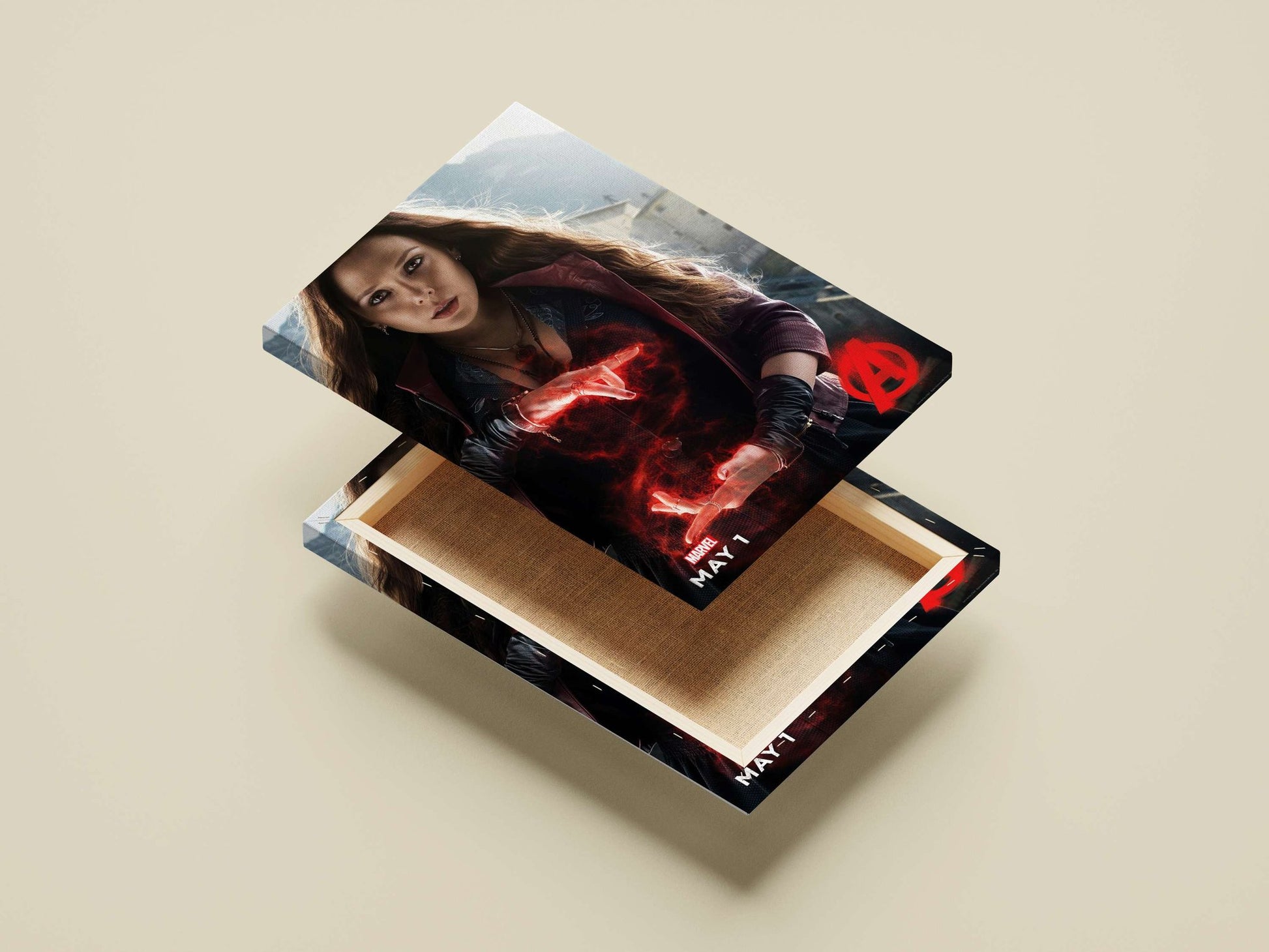Wanda Maximoff (Scarlet Witch) from Marvel's Avengers franchise (confirmed by "MARVEL" logo and Avengers "A"