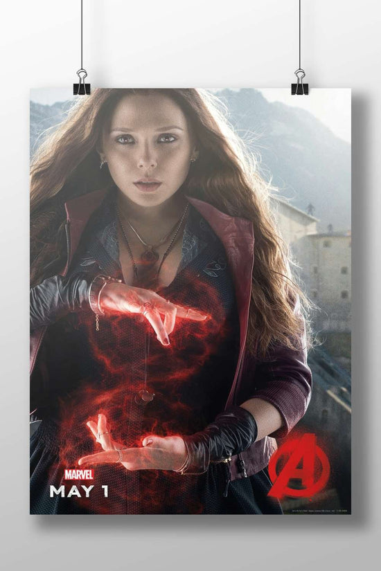 Wanda Maximoff (Scarlet Witch) from Marvel's Avengers franchise (confirmed by "MARVEL" logo and Avengers "A"