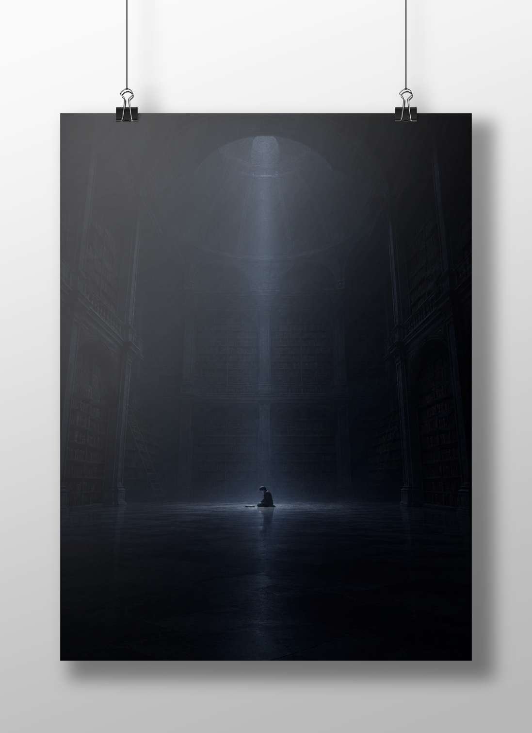 A lone individual kneeling in a vast library Main Subject: A lone individual kneeling in a vast library Matte BoizzBoard