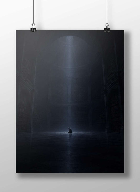 A lone individual kneeling in a vast library Main Subject: A lone individual kneeling in a vast library Matte BoizzBoard