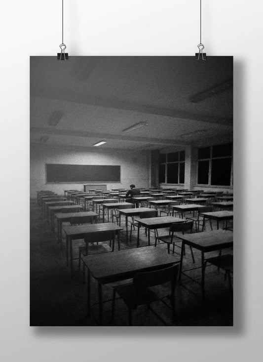 A lone individual standing in an empty classroom Main Subject: A lone individual standing in an empty classroom Matte