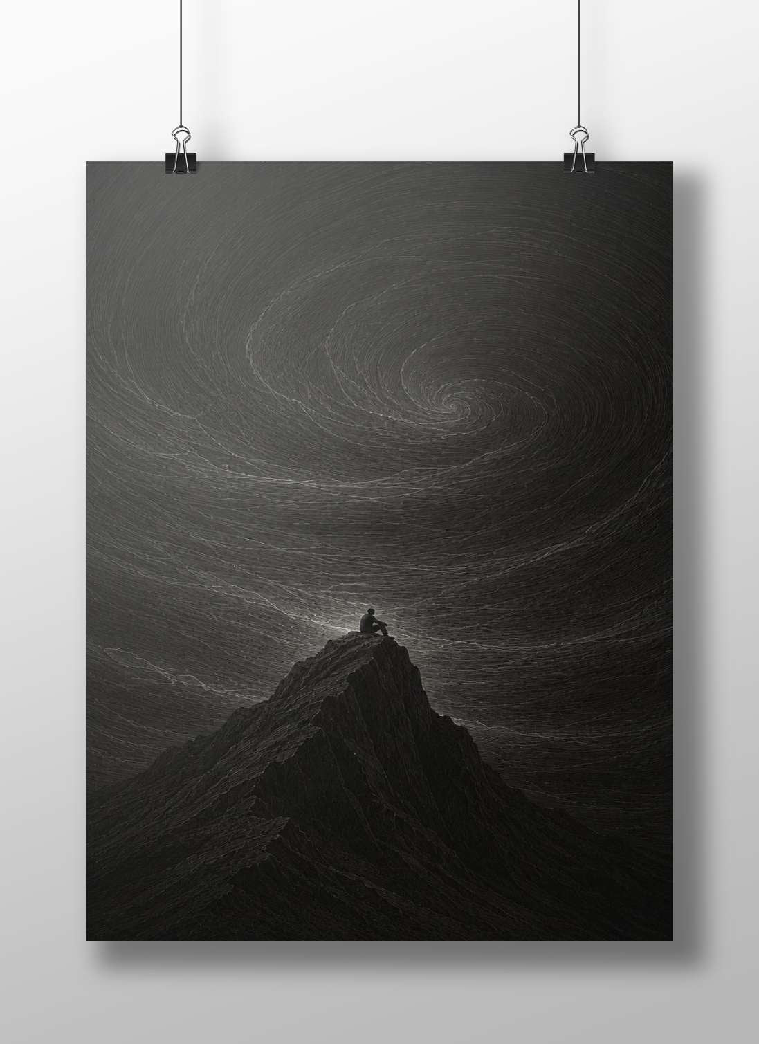 A solitary human silhouette seated on a mountain peak Main Subject: A solitary human silhouette seated on a mountain peak