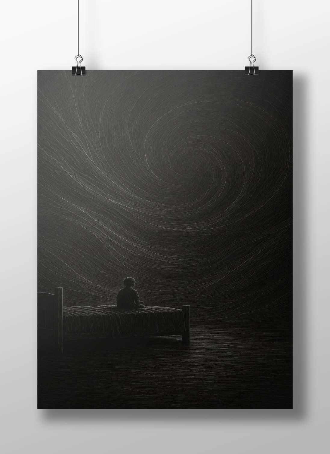 Silhouette of a Child Sitting on a Bed Main Subject: Silhouette of a Child Sitting on a Bed Matte BoizzBoard rigid print —