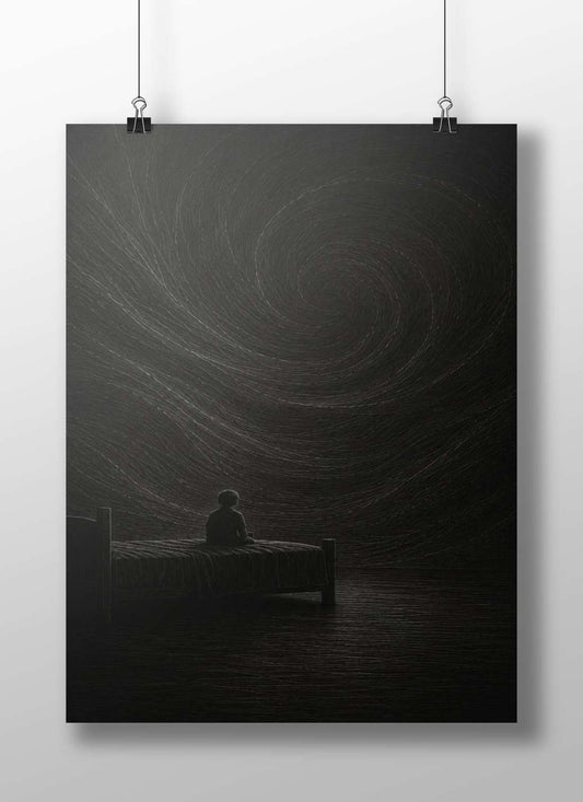 Silhouette of a Child Sitting on a Bed Main Subject: Silhouette of a Child Sitting on a Bed Matte BoizzBoard rigid print —