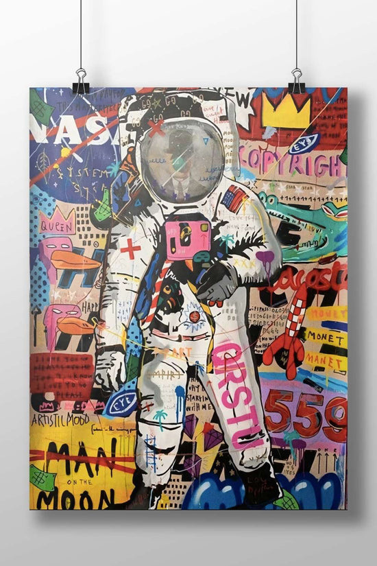 Astronaut (wearing a NASA-inspired suit with collage elements) Main Subject: Astronaut (wearing a NASA-inspired suit with