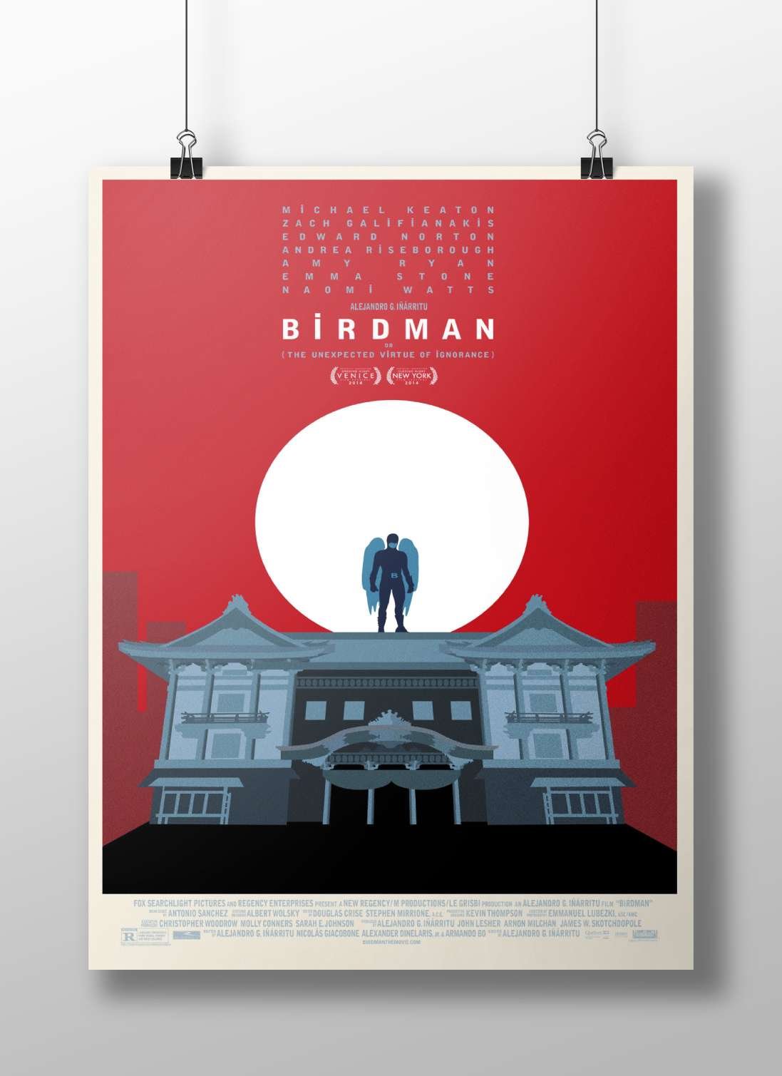 The 2014 film "Birdman" (directed by Alejandro G. Iñárritu) starring Michael Keaton, Zach Galifianakis, Edward