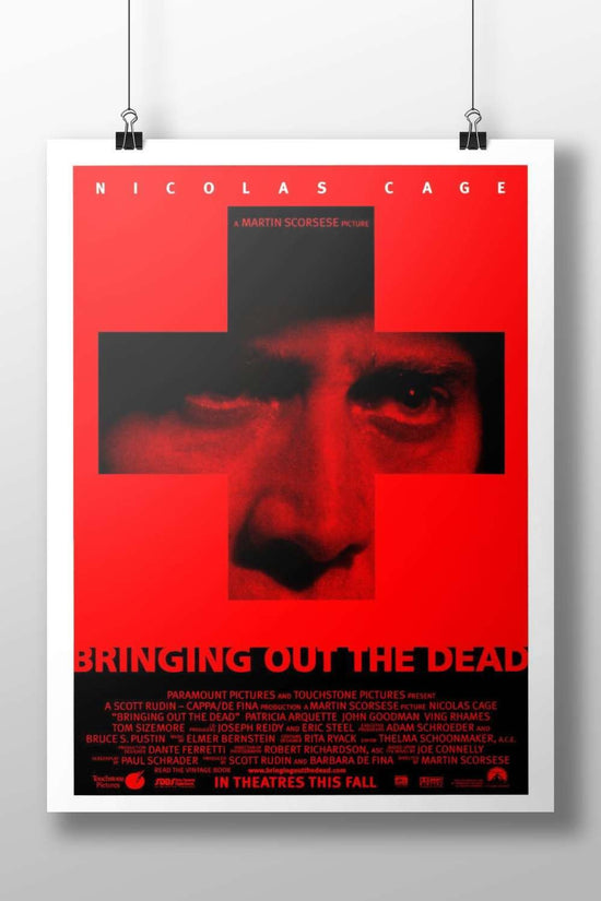 The movie poster for "Bringing Out the Dead" (starring Nicolas Cage, directed by Martin Scorsese)