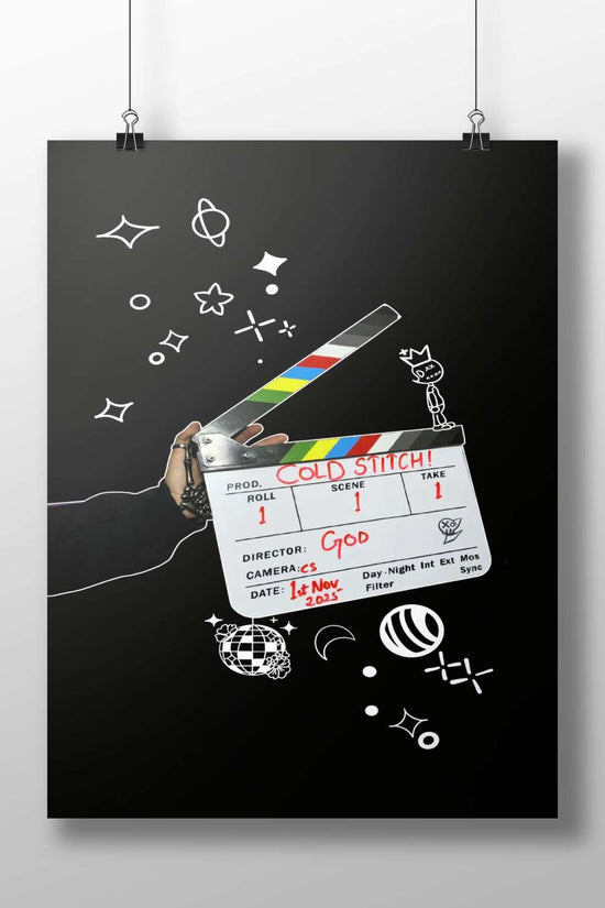 Clapperboard displaying "COLD STITCH!" project name and "Ggod" (deity) as director. Main Subject: Clapperboard displaying