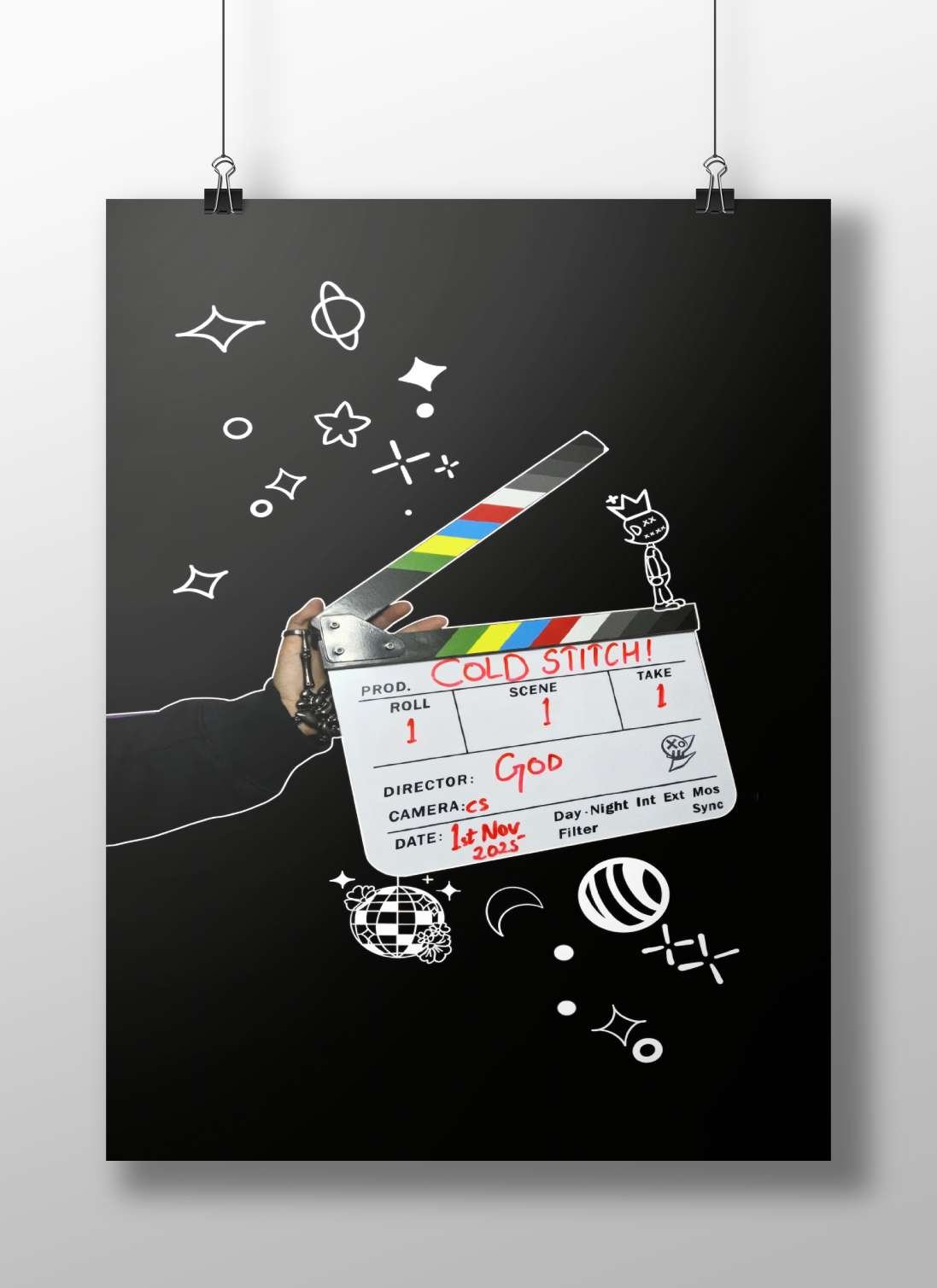 Clapperboard displaying "COLD STITCH!" project name and "Ggod" (deity) as director. Main Subject: Clapperboard displaying