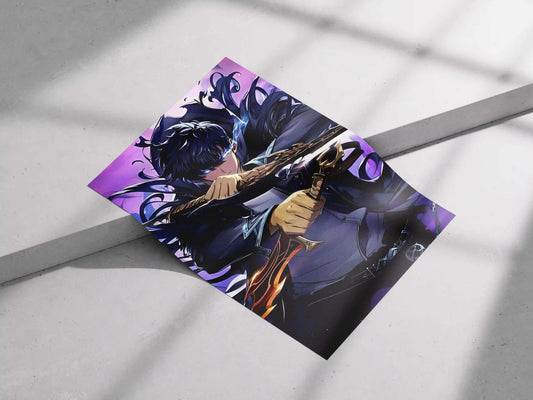Solo Leveling Sung Jinwoo Dual Dagger Anime Poster - Glowing Eyes & Shadow Monarch Art Print