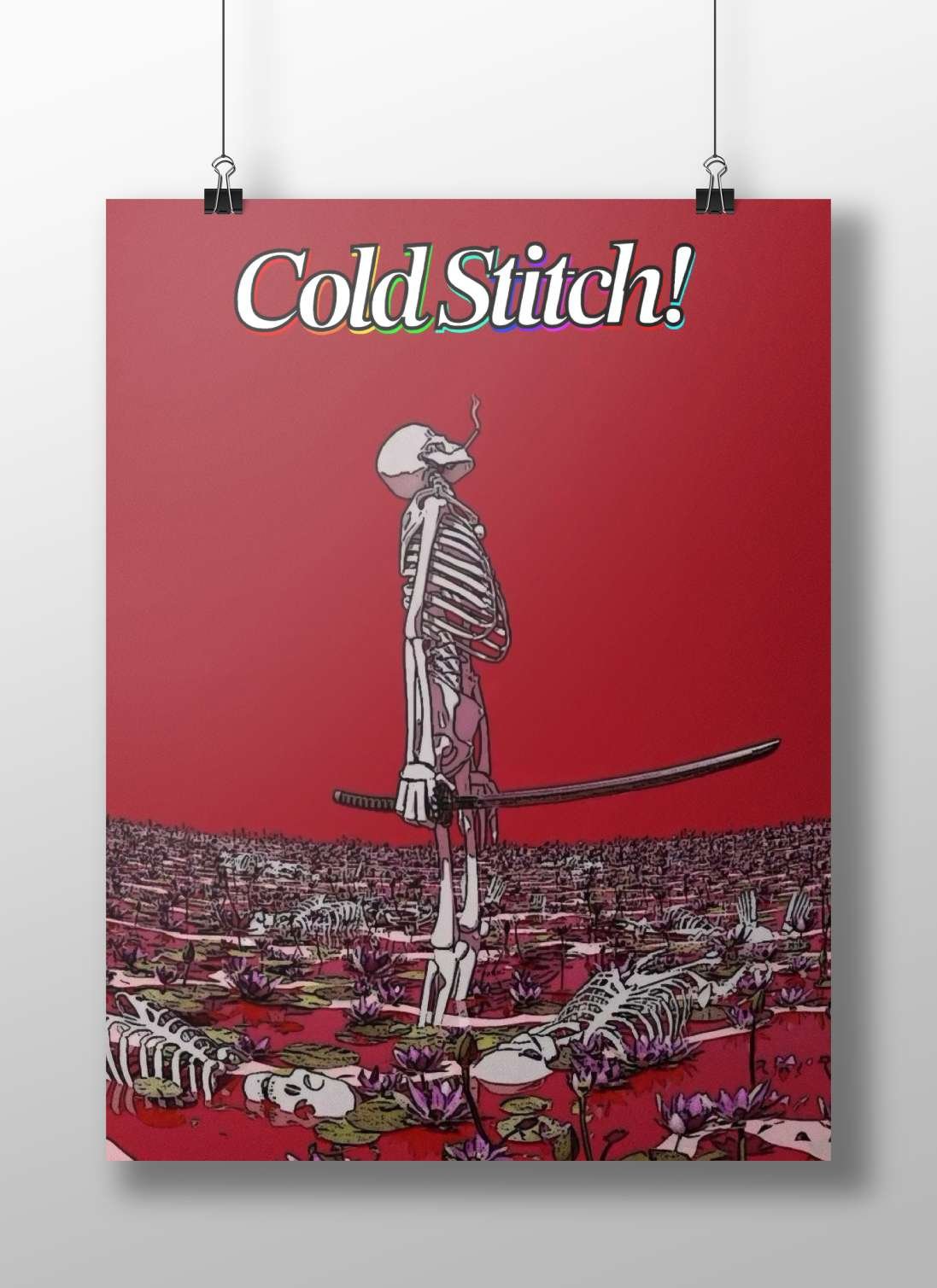 The skeletal character "Cold Stitch!" (from the title) holding a katana and smoking, standing amidst a field of bones and