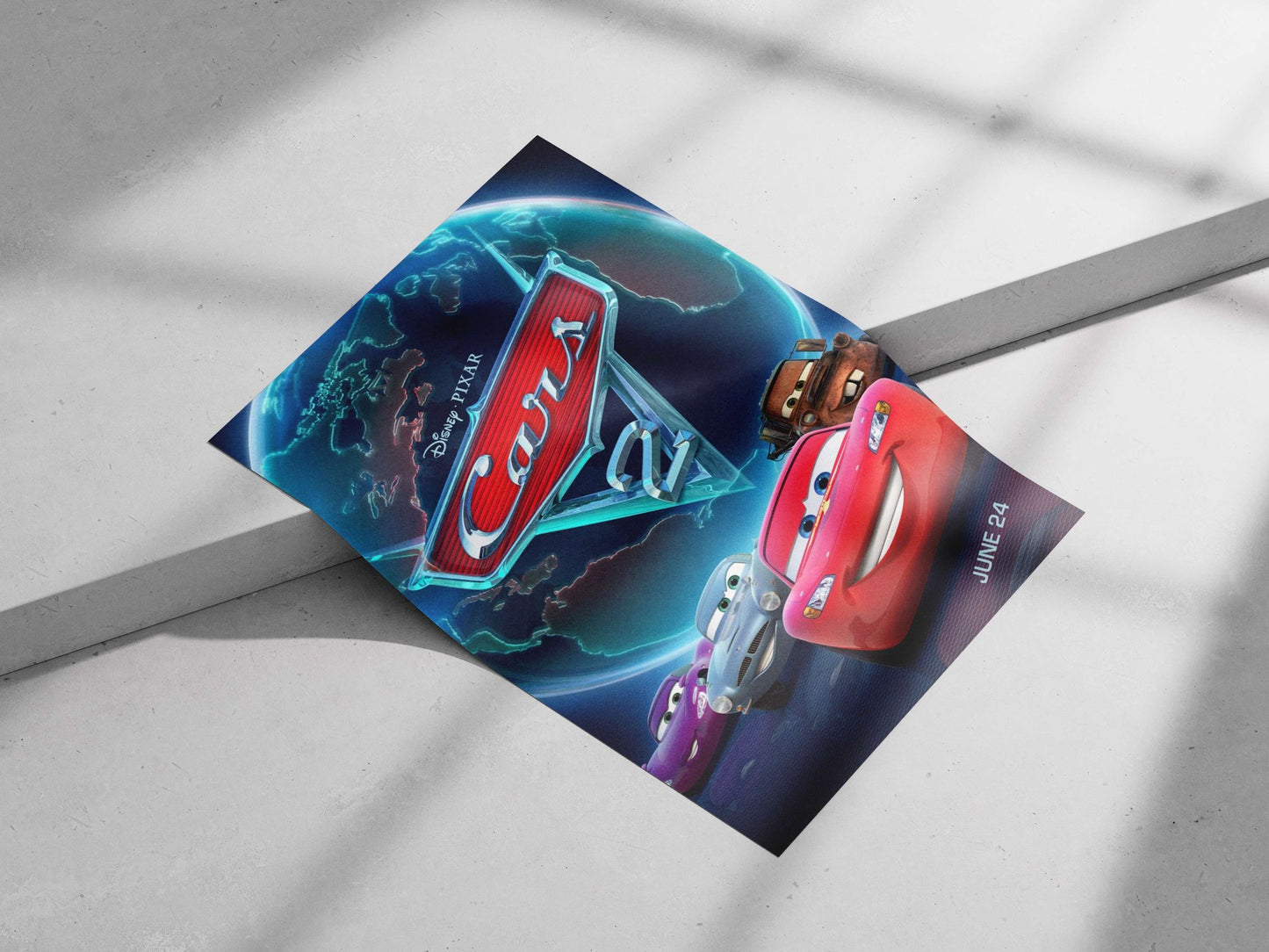 Lightning McQueen (red race car), Mater (rusty tow truck), and Sally (purple race car) from