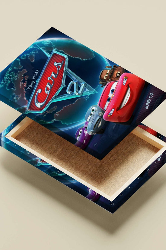 Lightning McQueen (red race car), Mater (rusty tow truck), and Sally (purple race car) from