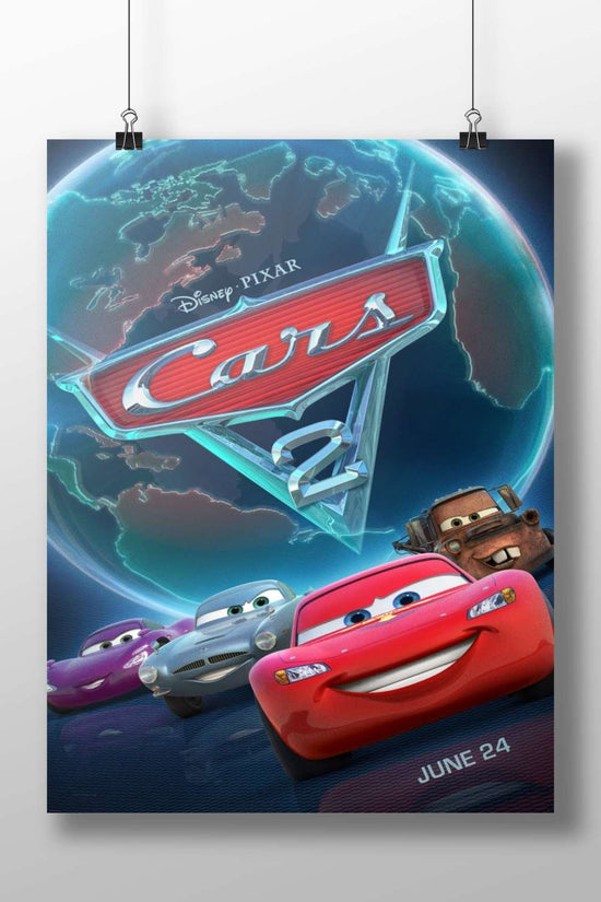 Lightning McQueen (red race car), Mater (rusty tow truck), and Sally (purple race car) from