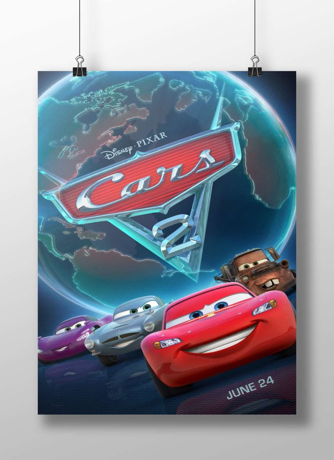 Lightning McQueen (red race car), Mater (rusty tow truck), and Sally (purple race car) from