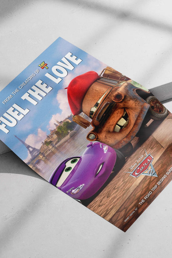 Lightning McQueen (purple race car) and Mater (rusty tow truck with red beret) from Disney
