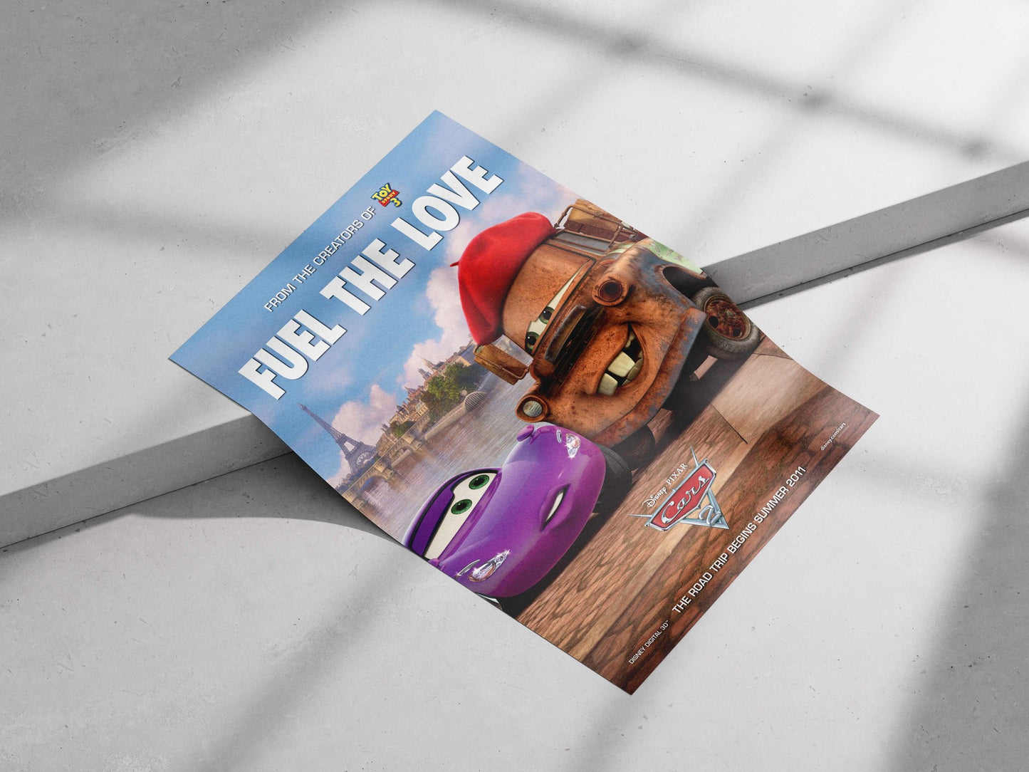 Lightning McQueen (purple race car) and Mater (rusty tow truck with red beret) from Disney