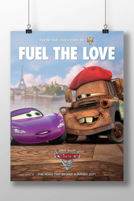 Lightning McQueen (purple race car) and Mater (rusty tow truck with red beret) from Disney