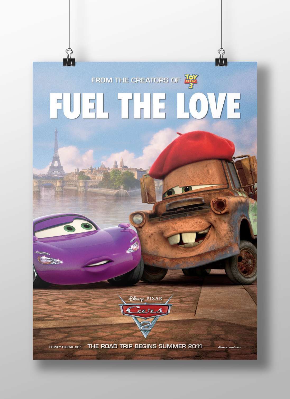 Lightning McQueen (purple race car) and Mater (rusty tow truck with red beret) from Disney